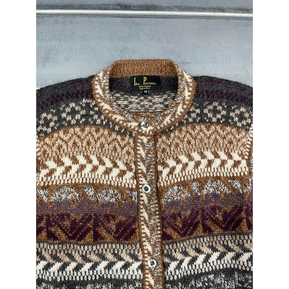 Leo Peressi Alpaca Cardigan Sweater Womens Medium‎ Brown Fair Isle Knit Button - Picture 3 of 9